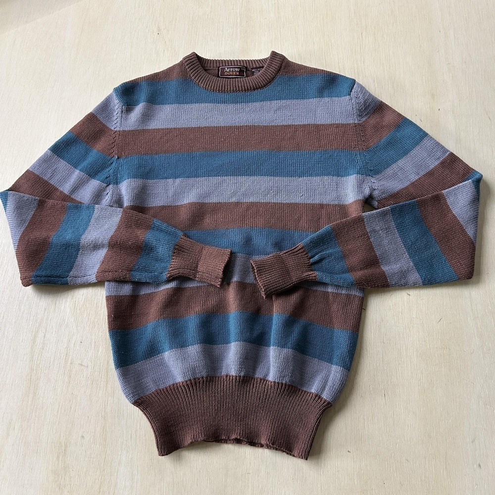 Vintage 80s Arrow Sweater Mens Medium Blue Brown Gray Wool Striped Crewneck Knit
